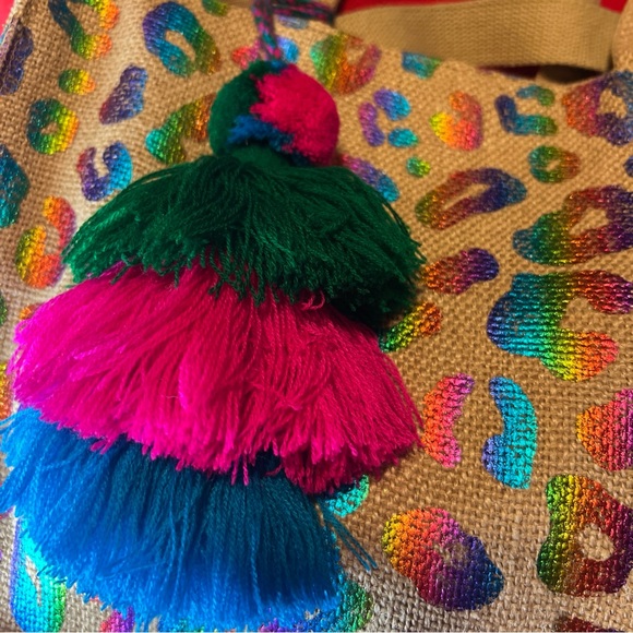Rainbow metallic leopard handstamped jute tote with adjustable, cross body nwot - Picture 3 of 13